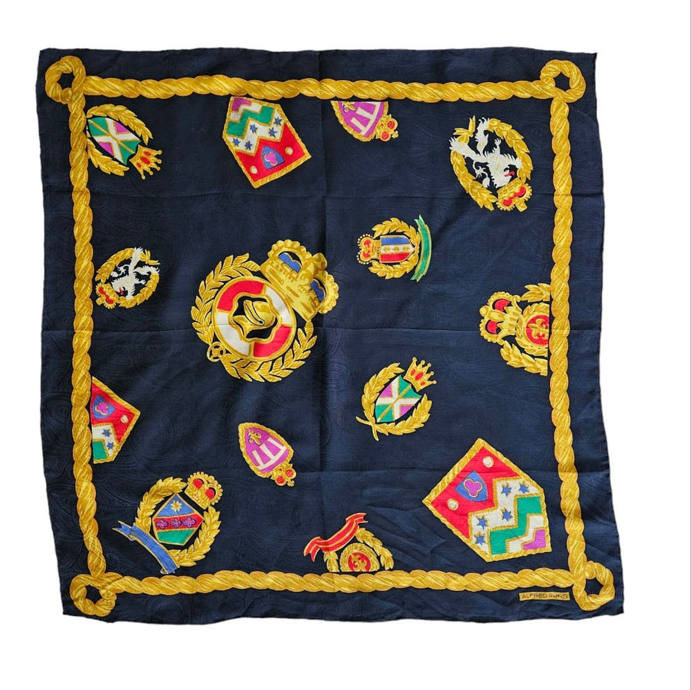 ALFRED SUNG Navy Blue Crest & Rope Border Scarf | SZ 30" Sq